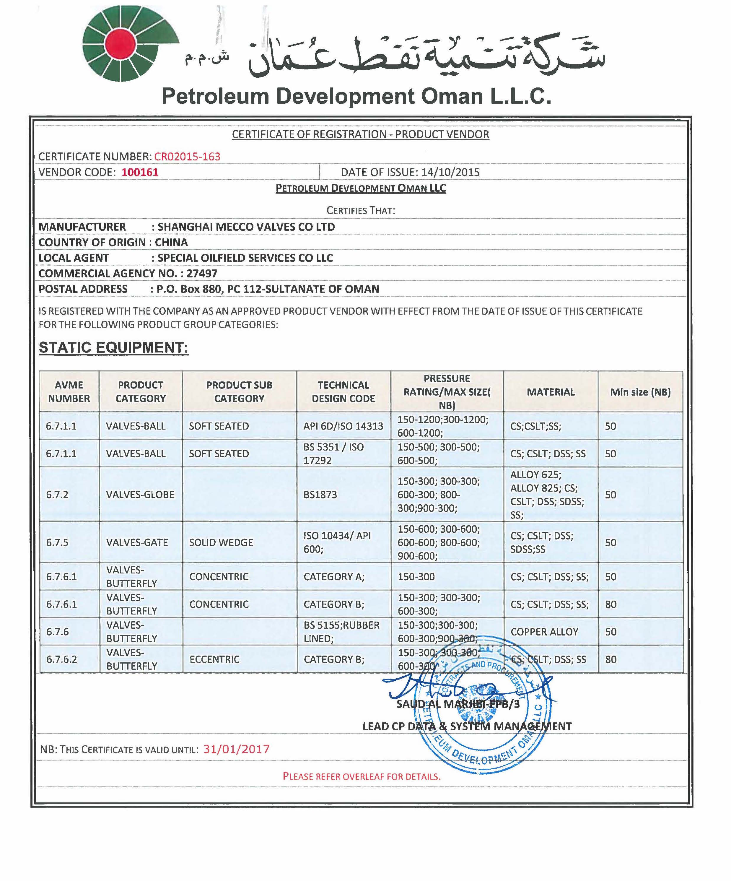 安曼PDO 批準(zhǔn)證書